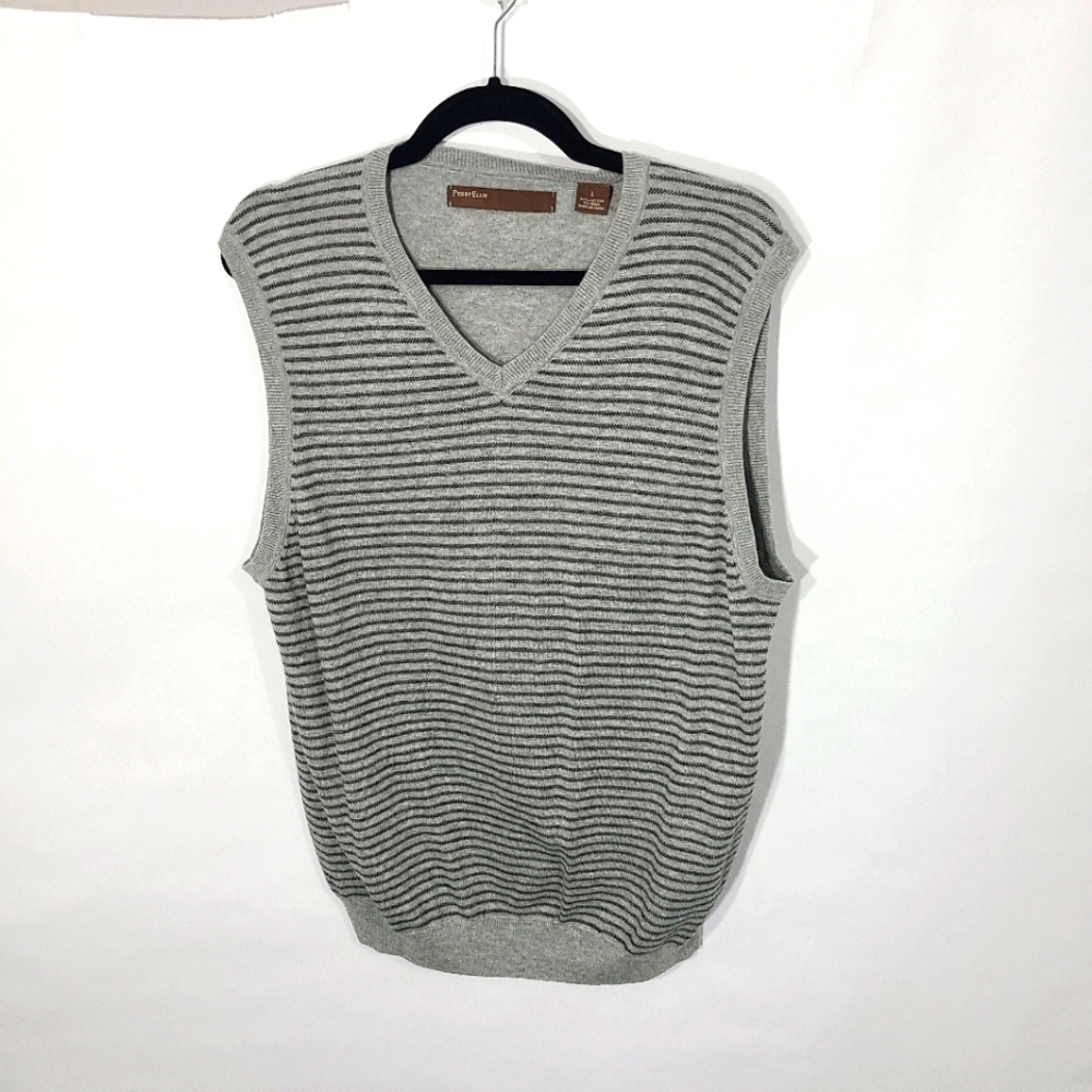 Perry Ellis Men's Vest Size‎ Large Grey Striped Cotton Pullover Sleeveless Top